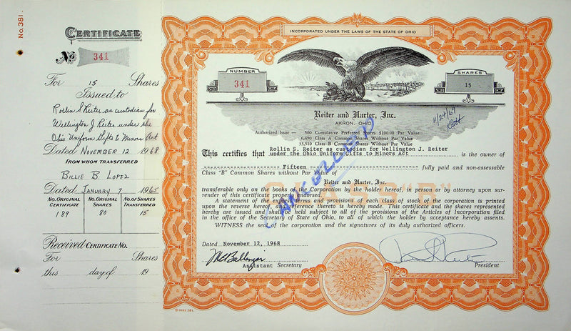 Reiter Dairy Company Stock Certificate Bond Scripophilly Akron Ohio 1968 No 341