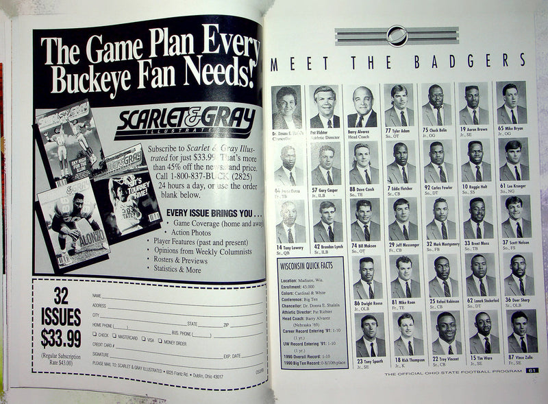 Ohio State Buckeye Football Program October 5 1991 Vs. Wisconsin Badgers