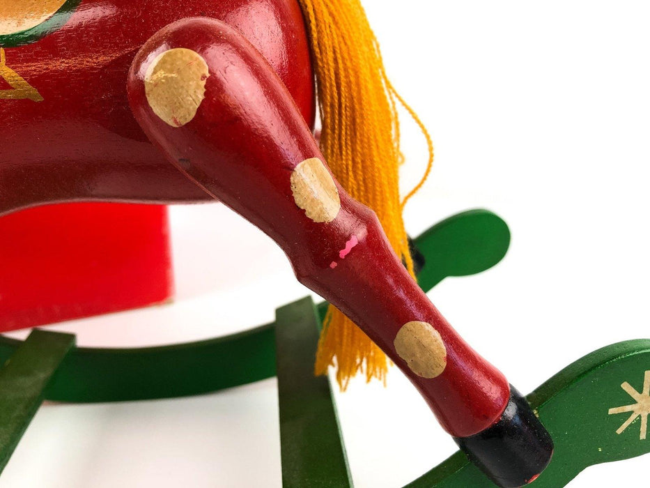 Vintage Wooden Rocking Horse Christmas Holiday Red Green 10.5" Hand Painted Box 10