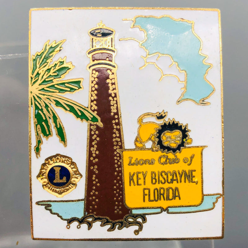 Vintage Lions Club Lapel Pin Key Biscayne Florida Lighthouse Ocean Palm Tree