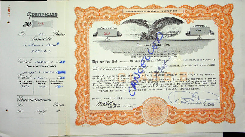 Reiter Dairy Company Stock Certificate Bond Scripophilly Akron Ohio 1969 No 358