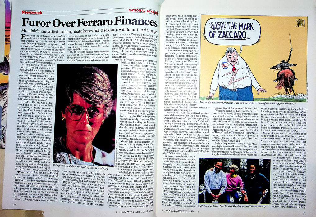 Newsweek Magazine August 27 1984 Ferraro Finances De Lorean Not Guilty Cocaine