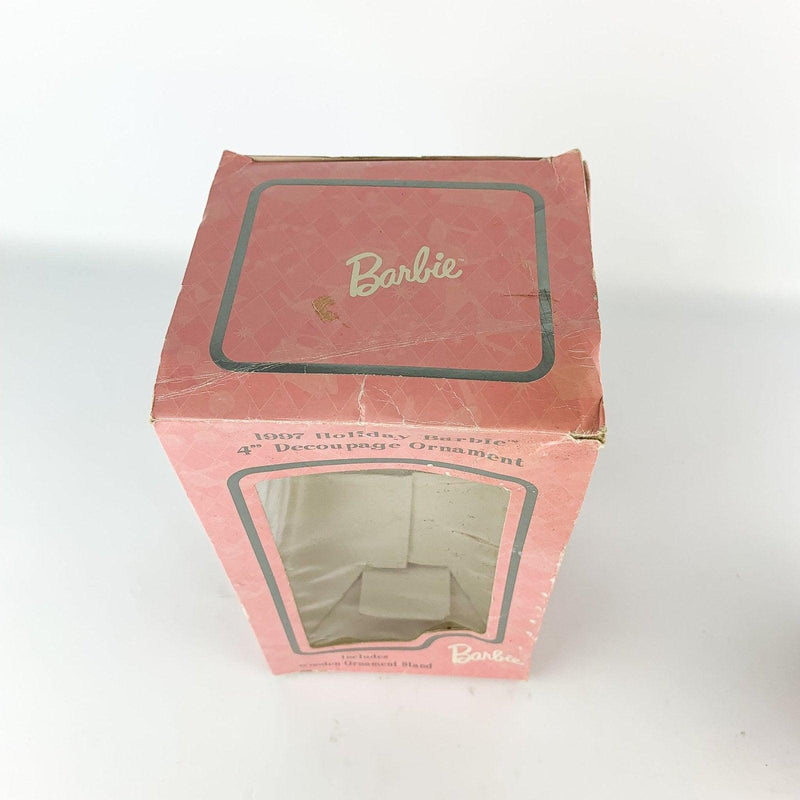 1997 Holiday Barbie 4" Decoupage Ornament w/ Wood Stand & Box 4