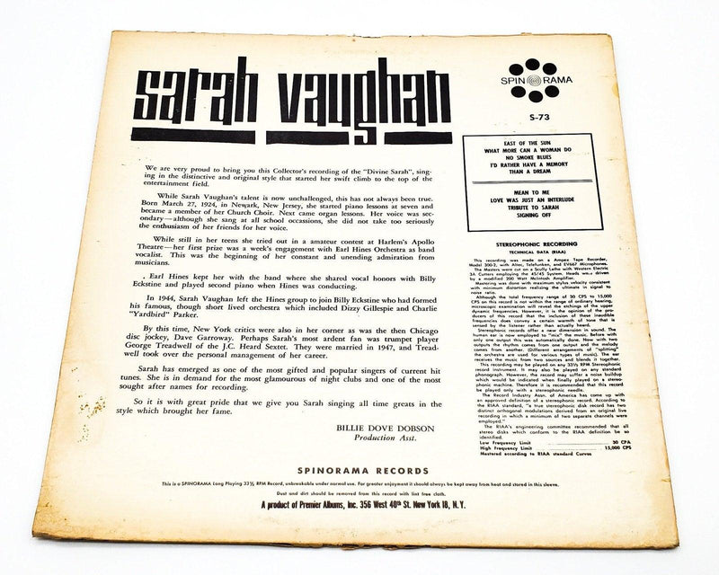 Sarah Vaughan Sweet, Sultry And Swinging 33 RPM LP Record Spin-O-Rama S-73 2