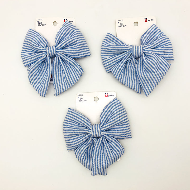 3-Piece Scunci Bow Hair Clip Blue Striped Lightweight Large Summer Wear 12513