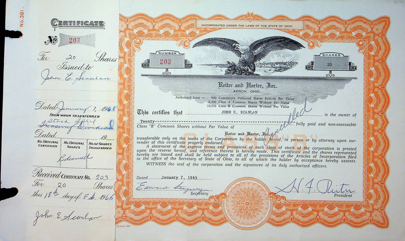 Reiter Dairy Company Stock Certificate Bond Scripophilly Akron Ohio 1965 No 203
