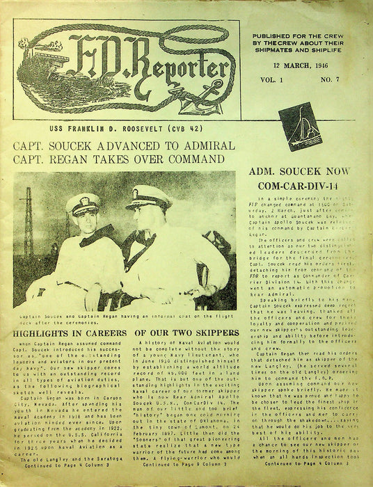 FD Reporter Ship Newspaper USS FD Roosevelt 1946 Mar R Admiral Apollo Soucek WW2