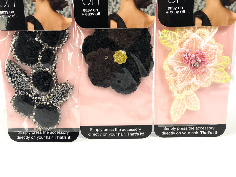 3-Pack Scunci Press On Hair Accessory Flowers Beaded Glitter Sparkle 39247-A