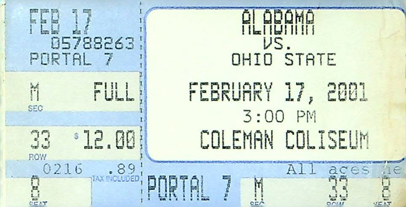 Alabama Crimson Tide Basketball Game Ticket Stub Feb 2001 Vs. Ohio State Buckeye