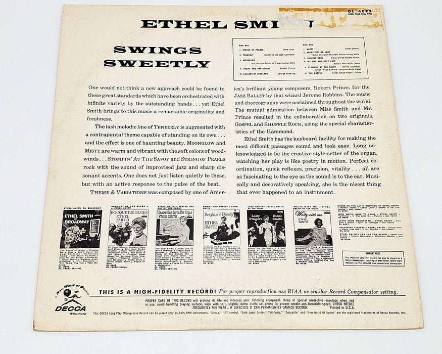 Ethel Smith Swings Sweetly 33 RPM LP Record Decca 1961 DL 4095 2