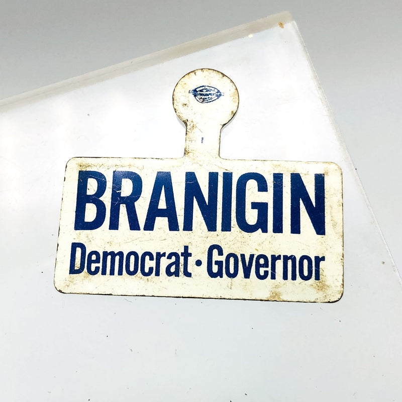 Branigin Democrat Governor Fold Over Back Tab Pin Button 1.5" Indiana Campaign