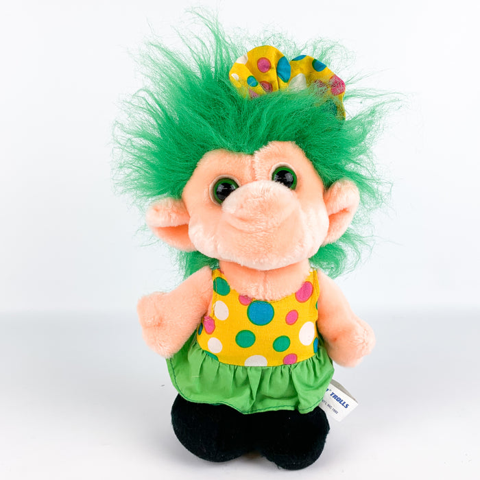 Trolio Troll Girl Polka Dot Dress Green Hair Bow 10" 1992 Plush Stuffed Animal