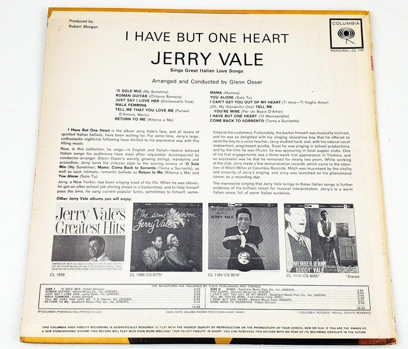 Jerry Vale I Have But One Heart Record LP CL 1797 Columbia 1962 2