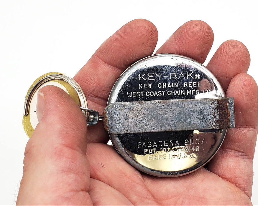 1960s Key-Bak Retractable Key Chain West Coast Chain Faux Leather & Chrome NOS