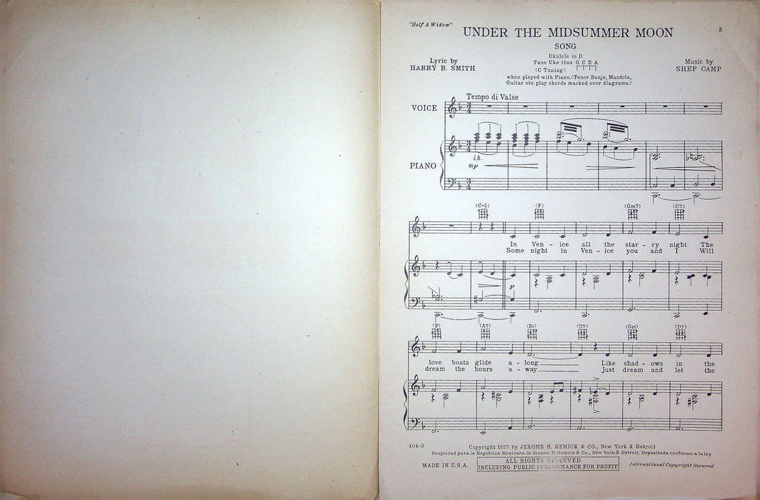 Sheet Music Under The Midsummer Moon Half A Widow Musical Play 1927 Military 2