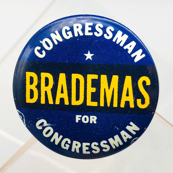 Congressman John Brademas Button Pin 1.25" Indiana Politician Campaign Blue 4