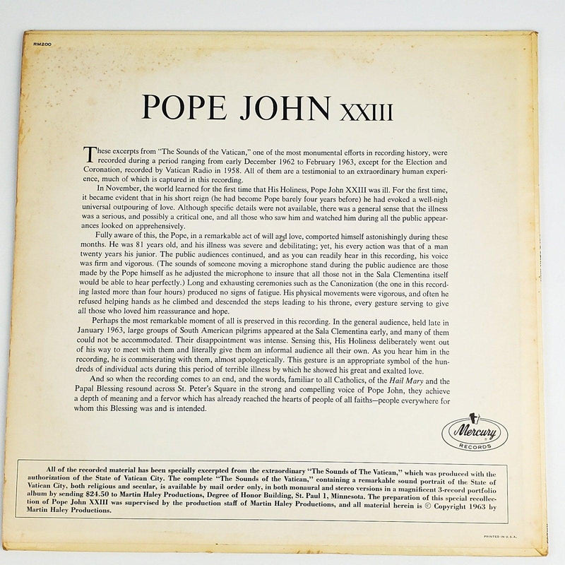 Pope John XXII Pope John XXII Record 33 RPM LP RM200 Mercury Records 1963 2