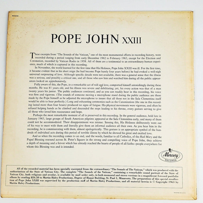 Pope John XXII Pope John XXII Record 33 RPM LP RM200 Mercury Records 1963 2