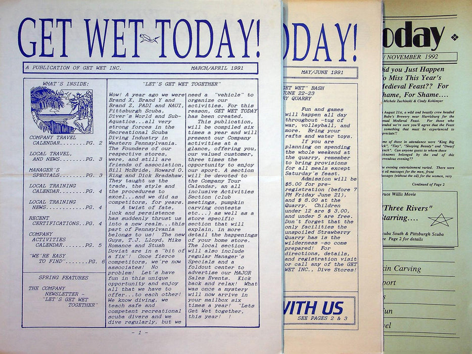 Get Wet Today Inc Newsletter Mar-June '91 & Oct/Nov '92 1