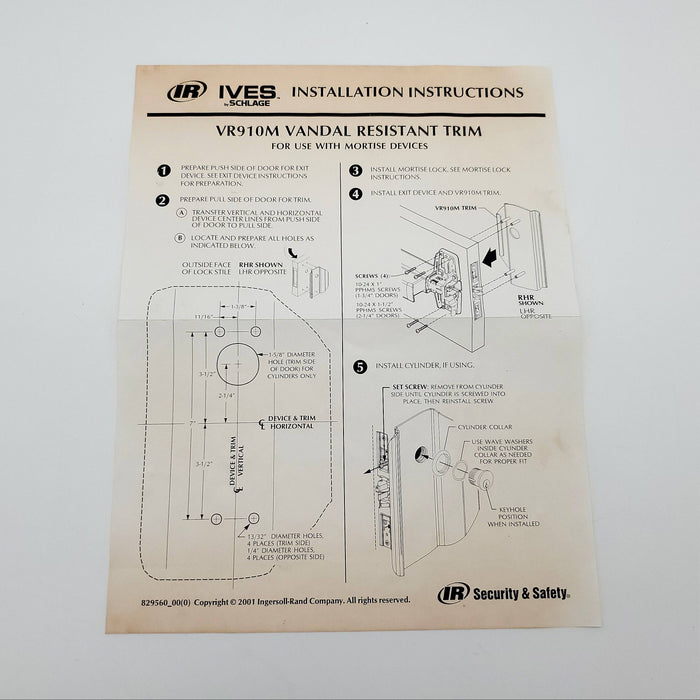 Ives VR910M-NL RHR Vandal Resistant Trim Grip Handle Satin Stainless Missing PCs