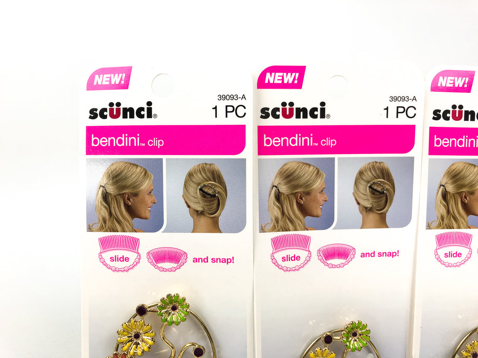 3-Pack Scunci Bendini Hair Clip Medium with Flowers Yellow Pink & Green 39093-A