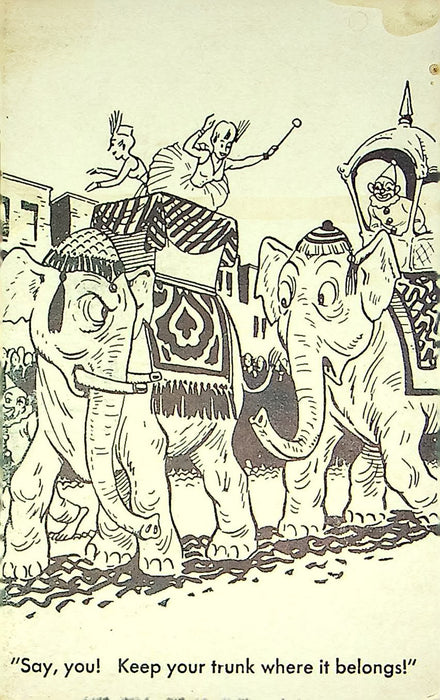 1948 Exhibit Supply Co Humor Card Arcade Clowns Circus Parade Elephant Woman