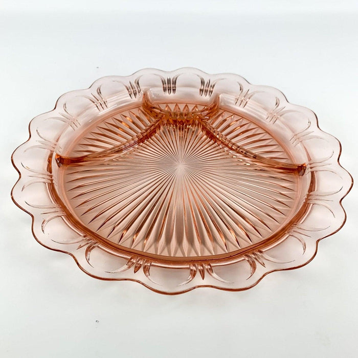 Pink Scallop Edge Pressed Glass Divided Serving Plate Tray Platter - 13" 5