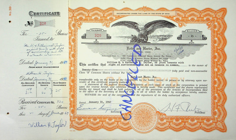 Reiter Dairy Company Stock Certificate Bond Scripophilly Akron Ohio 1967 No 320