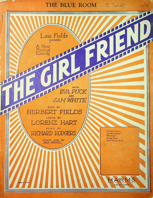 Lew Fields Sheet Music The Girl Friend Eva Puck Sam White 1926 Rogers Hart 1