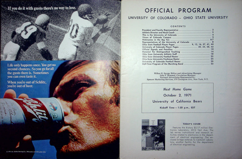 OSU Buckeye Football Program Sep 25 1971 Vs. University of Colorado Buffaloes