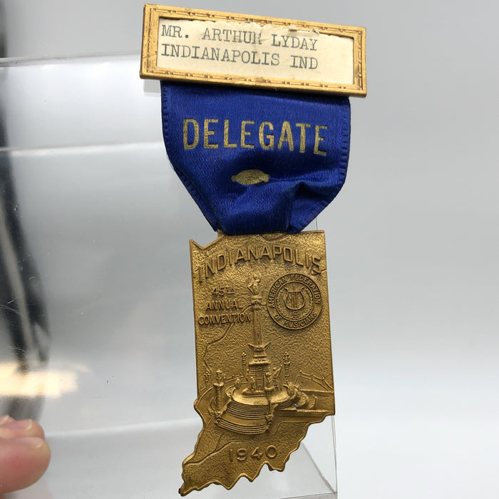 Vintage 1940 Delegate Medal Pinback Indiana Musicians Federation 45th Convention