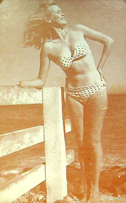 US 50s Pin Up Promo Photo Card Woman Polka Dot Bikini Swimsuit Ocean Seashore BW