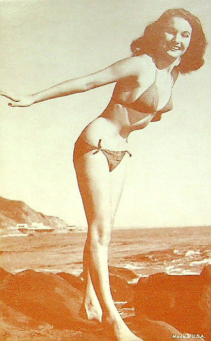 US 50s Pin Up Promo Photo Card Woman Model Brunette Bikini Swimsuit Beach Rocks