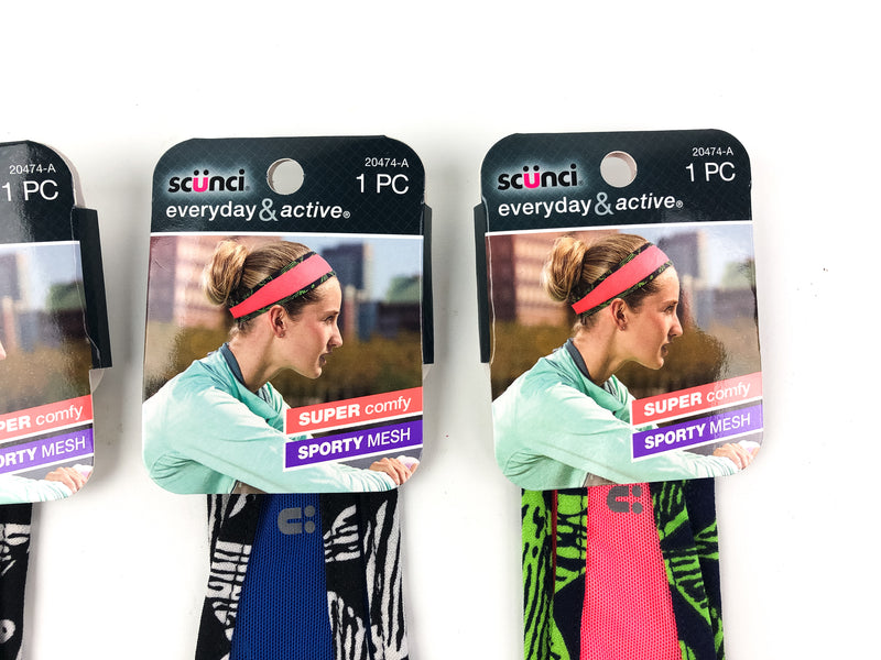 3-PK Scunci Sporty Mesh Headwrap Hair Wrap Comfy Pink Blue Black Style 2047-A