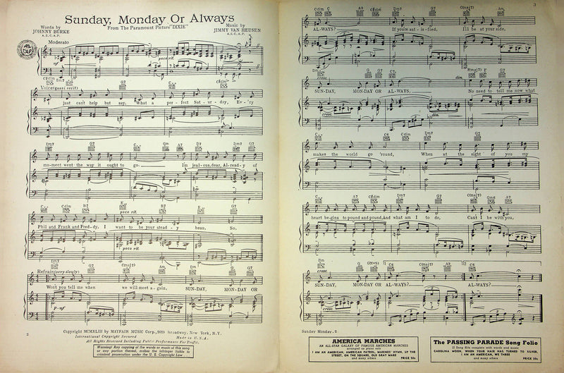 Dixie Movie Sheet Music Bing Crosby Dorothy Lamour Sunday Monday Or Always 3