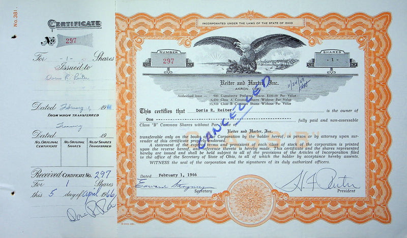 Reiter Dairy Company Stock Certificate Bond Scripophilly Akron Ohio 1966 No 297