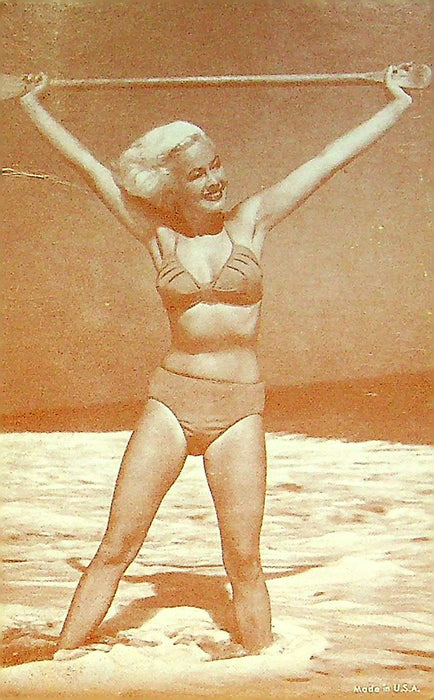 US 50s Pin Up Promo Photo Card Woman Blond Bombshell Bikini Swimsuit Boat Paddle