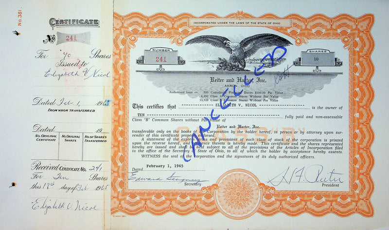 Reiter Dairy Company Stock Certificate Bond Scripophilly Akron Ohio 1965 No 241