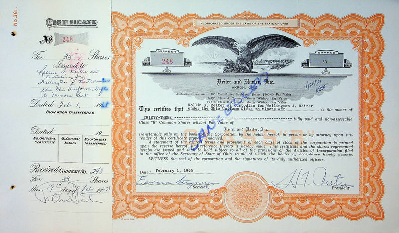 Reiter Dairy Company Stock Certificate Bond Scripophilly Akron Ohio 1965 No 248