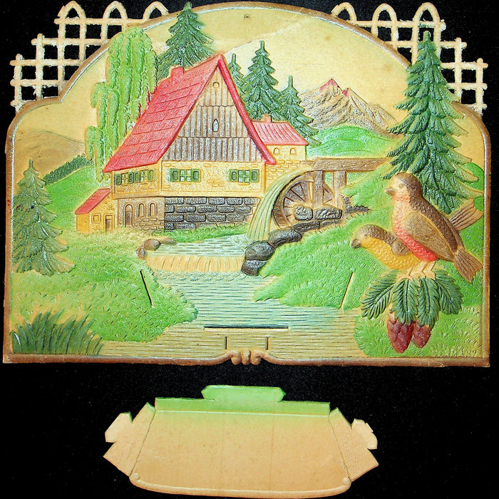 Embossed German Cardboard Die Cut Lithograph Summer Cottage Waterwheel 2 Pieces