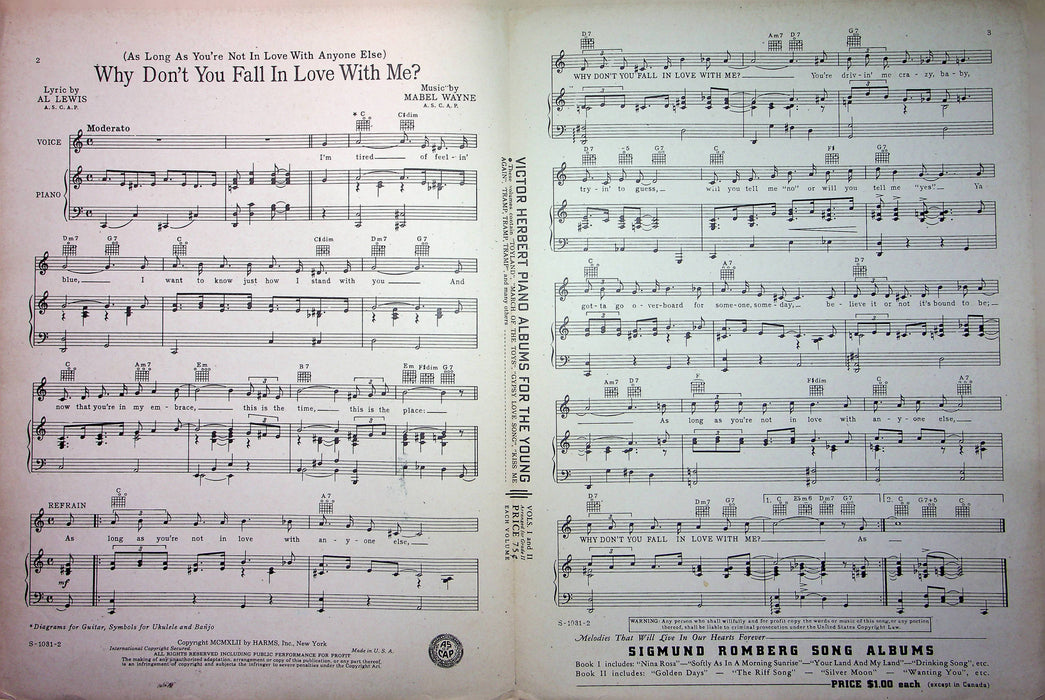 Henry Jerome Sheet Music Why Don't You Fall In Love With Me 1942 WW2 War Bond Ad 2