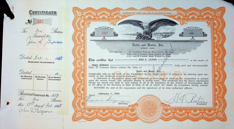 Reiter Dairy Company Stock Certificate Bond Scripophilly Akron Ohio 1965 No 227