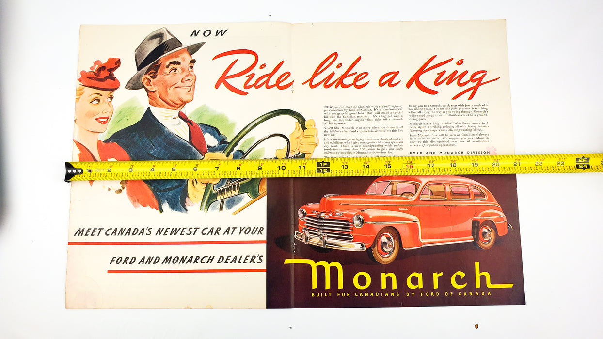 1946 Ford Monarch Canadian Print Ad Bi-Fold Ride Like A King 21"x13"