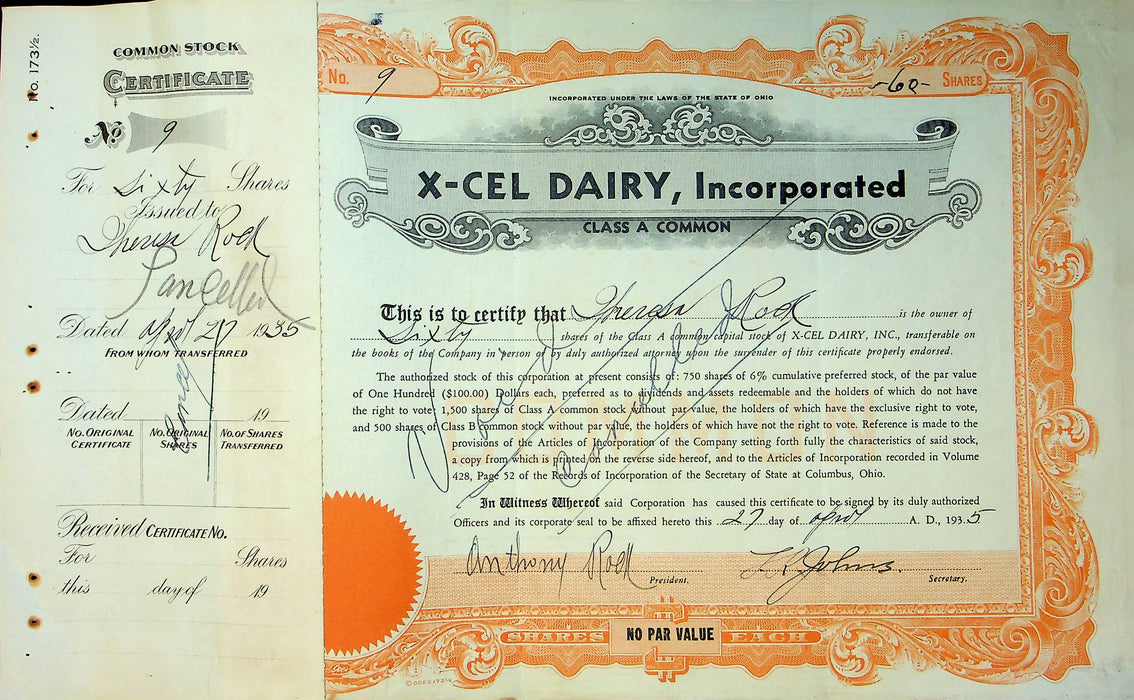 X-Cel Dairy Company Stock Certificate Bond Scripophilly Akron Ohio 1935 No 9