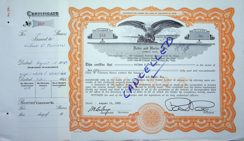 Reiter Dairy Company Stock Certificate Bond Scripophilly Akron Ohio 1969 No 369