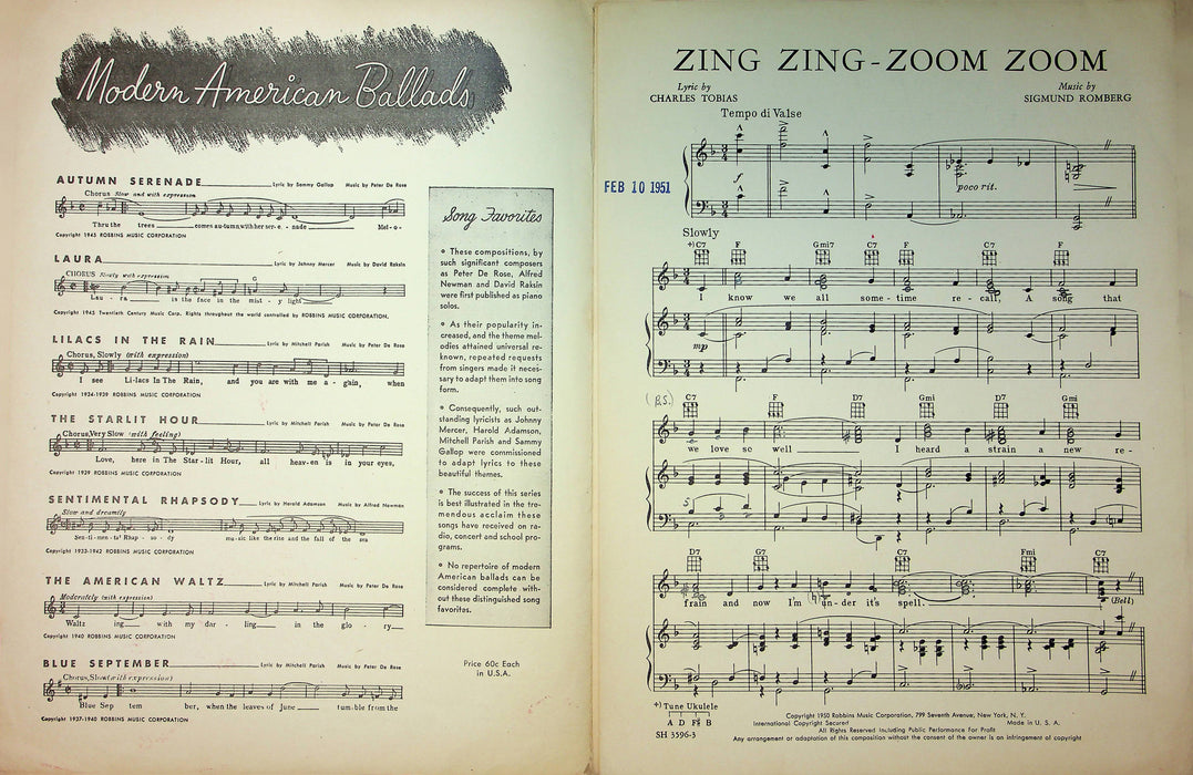 Perry Como Sheet Music Zing Zing Zoom Zoom S Romberg Charles Tobias Love Song 6