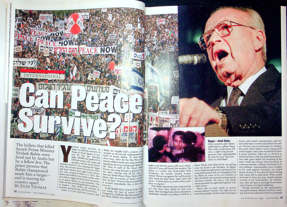 Newsweek Magazine November 13 1995 Yitzhak Rabin Israeli Prime Minister Killed