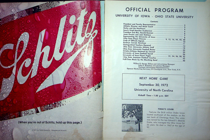 OSU Buckeye Football Program Sep 16 1972 Vs. Iowa Hawkeyes Big Ten Conference