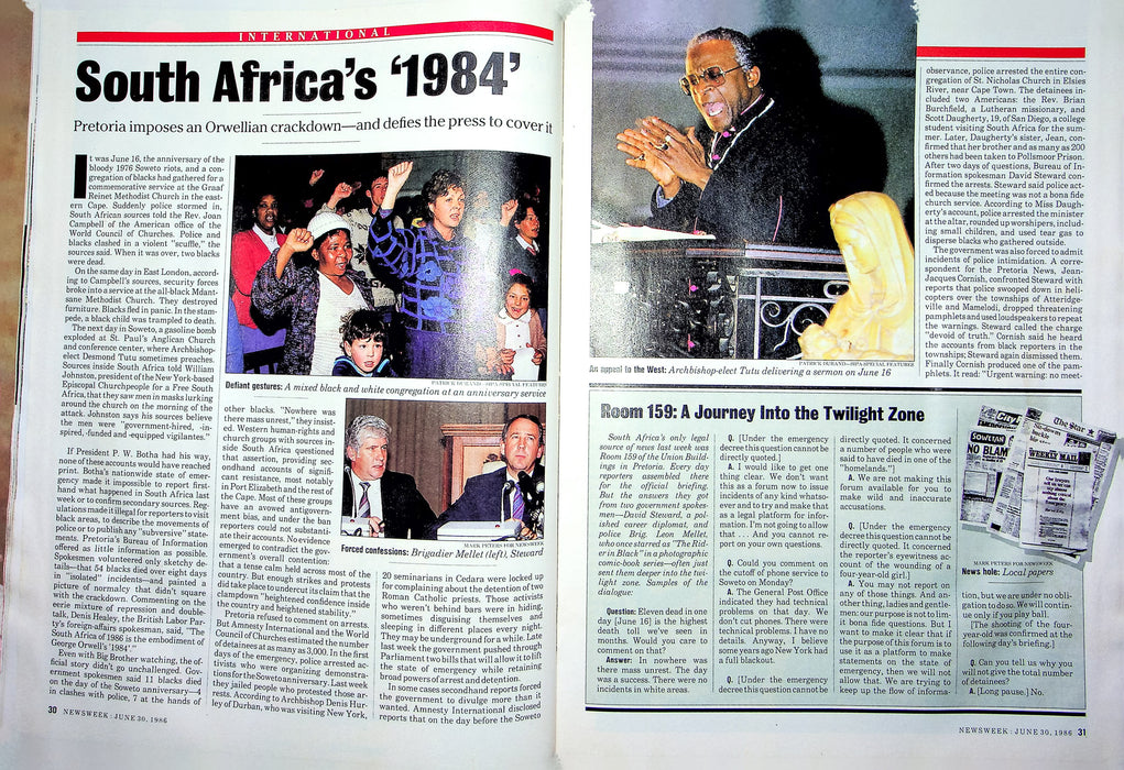 Newsweek Magazine June 30 1986 Archbishop Tutu South Africa Reagan Court Changes