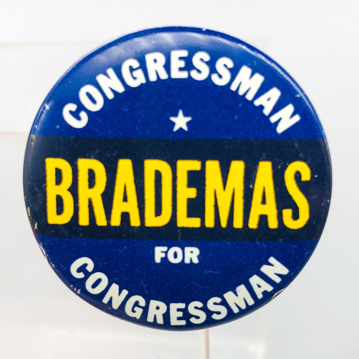 Congressman John Brademas Button Pin 1.25" Indiana Politician Campaign Blue 2